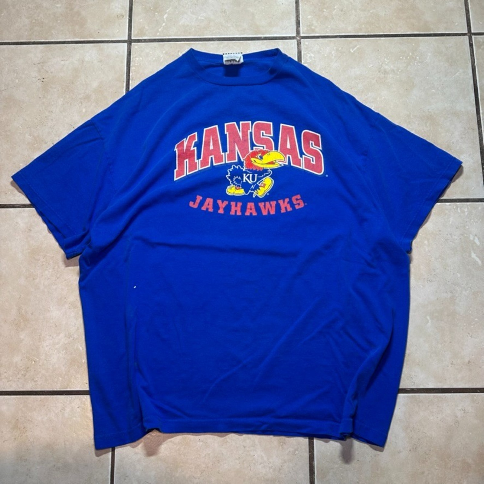 Vintage 90s University Of Kansas Jayhawks Blue College T-Shirt Mens Xxl Read!!